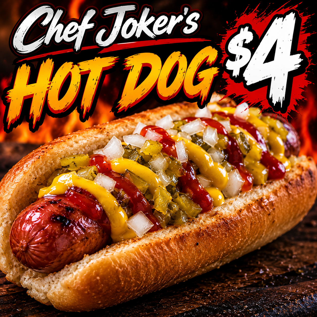 Chef Joker's hot dog on a toasted bun
