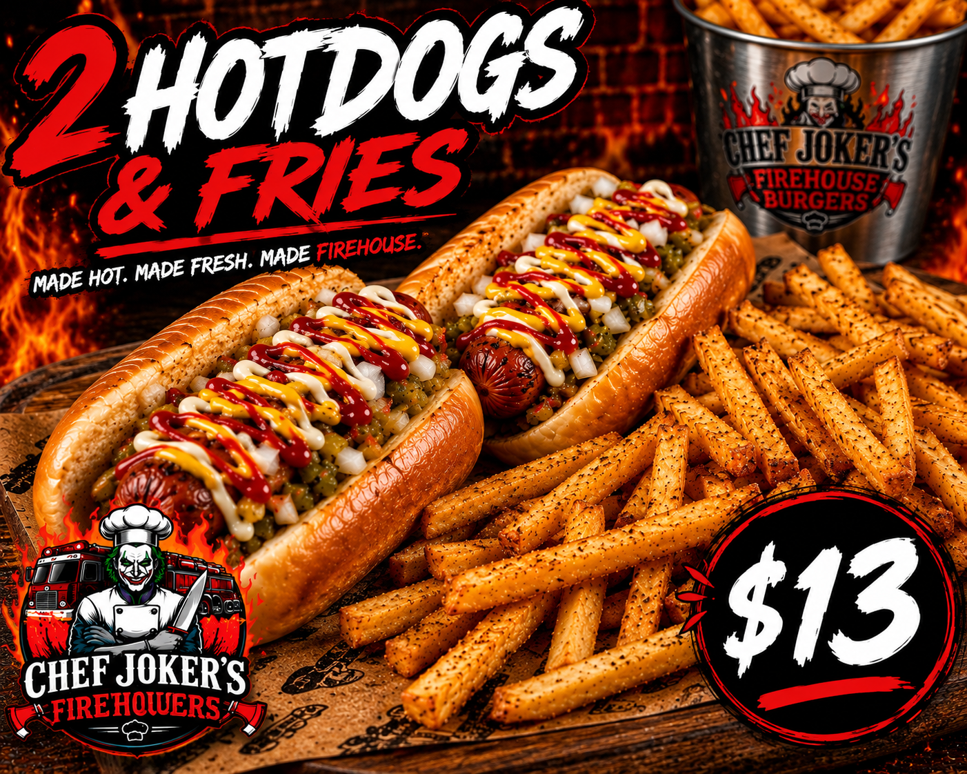 Two hot dogs with seasoned fries